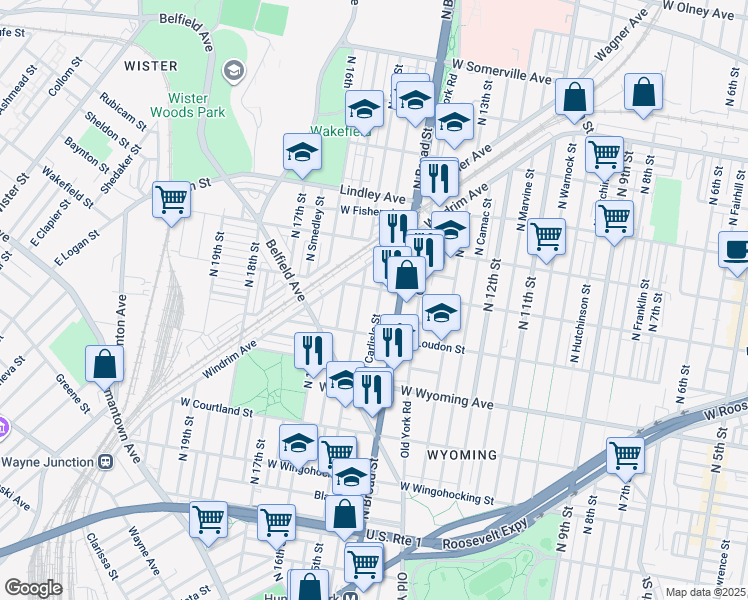map of restaurants, bars, coffee shops, grocery stores, and more near 4850 North Carlisle Street in Philadelphia