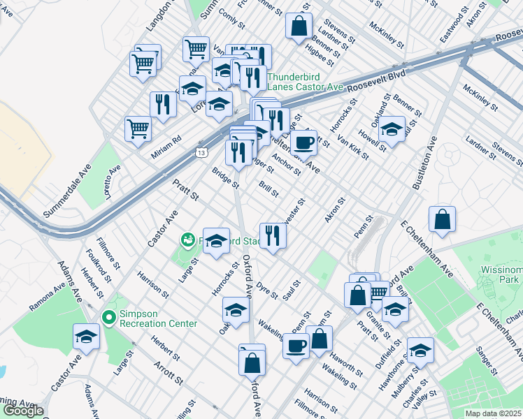 map of restaurants, bars, coffee shops, grocery stores, and more near 1144 Bridge Street in Philadelphia