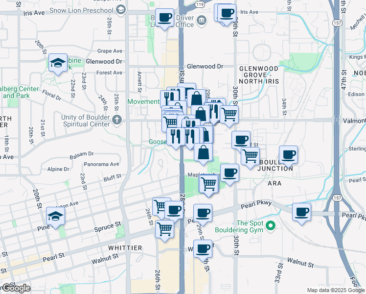 map of restaurants, bars, coffee shops, grocery stores, and more near 2704 28th Street in Boulder