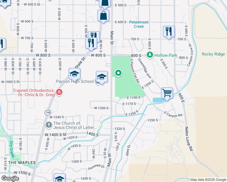 map of restaurants, bars, coffee shops, grocery stores, and more near 1095 South Main Street in Payson
