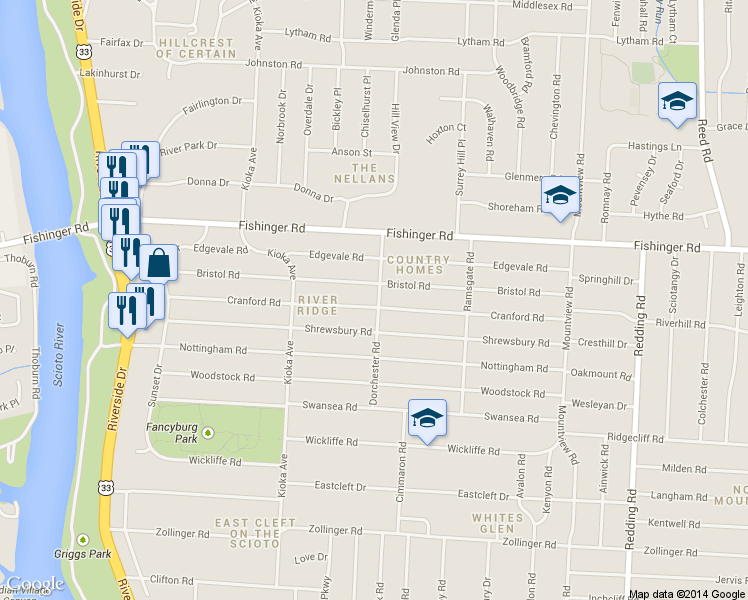 map of restaurants, bars, coffee shops, grocery stores, and more near 2454 Cranford Road in Columbus