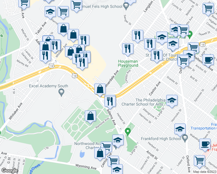 map of restaurants, bars, coffee shops, grocery stores, and more near 4810 Fillmore Terrace in Philadelphia