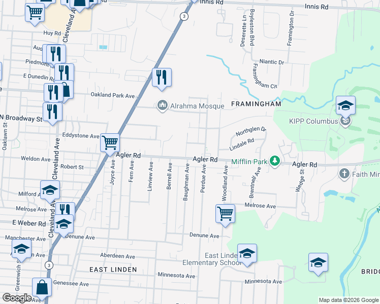 map of restaurants, bars, coffee shops, grocery stores, and more near 2208 Agler Road in Columbus