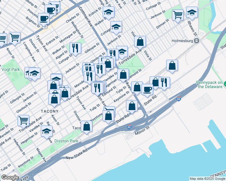 map of restaurants, bars, coffee shops, grocery stores, and more near 7149 Edmund Street in Philadelphia