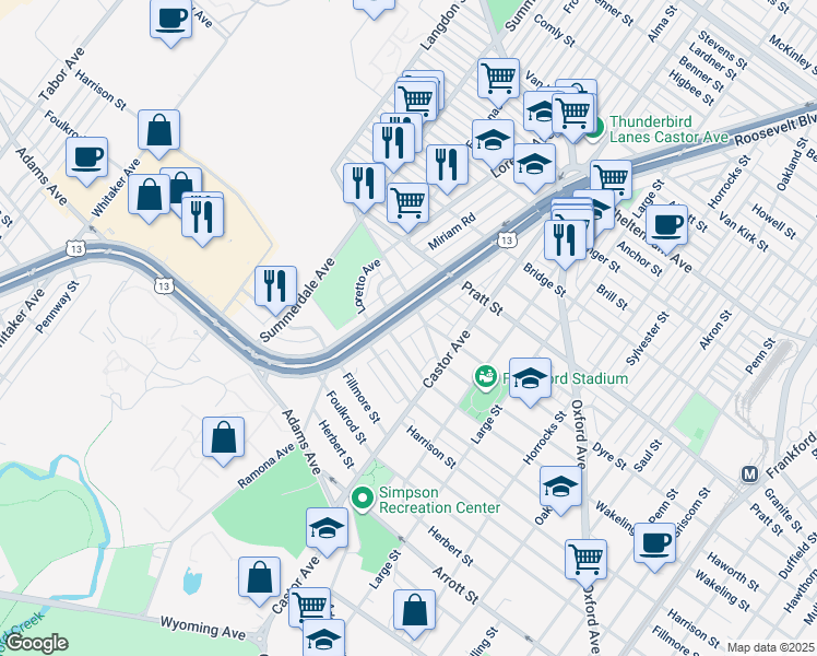map of restaurants, bars, coffee shops, grocery stores, and more near 5011 East Roosevelt Boulevard in Philadelphia