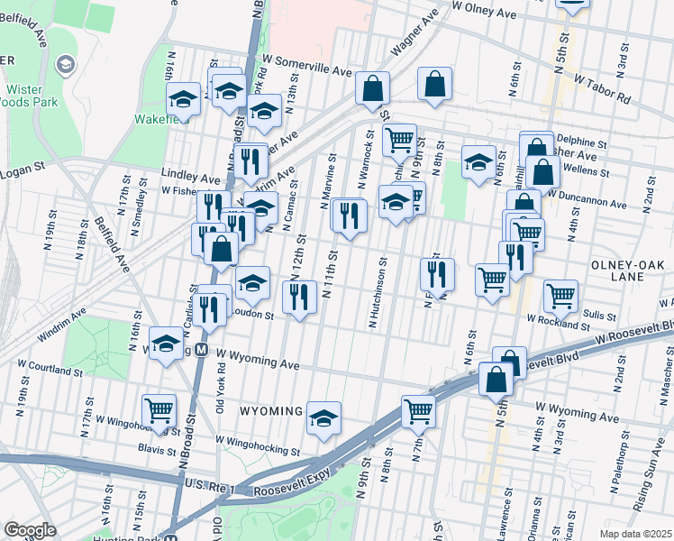 map of restaurants, bars, coffee shops, grocery stores, and more near 4915 North 11th Street in Philadelphia