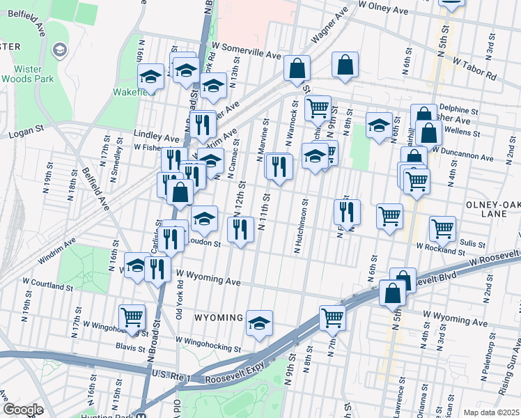 map of restaurants, bars, coffee shops, grocery stores, and more near 4910 North 11th Street in Philadelphia