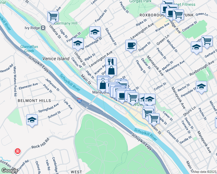 map of restaurants, bars, coffee shops, grocery stores, and more near 4454 Baker Street in Philadelphia