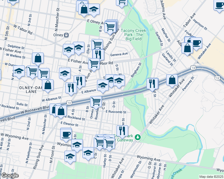 map of restaurants, bars, coffee shops, grocery stores, and more near 401 East Roosevelt Boulevard in Philadelphia