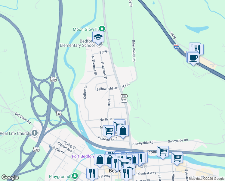 map of restaurants, bars, coffee shops, grocery stores, and more near 131 Fallowfield Drive in Bedford