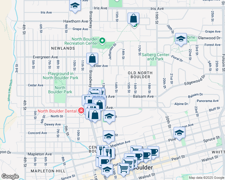 map of restaurants, bars, coffee shops, grocery stores, and more near 2853 14th Street in Boulder