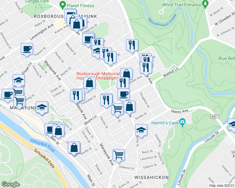 map of restaurants, bars, coffee shops, grocery stores, and more near 5712 Ridge Avenue in Philadelphia