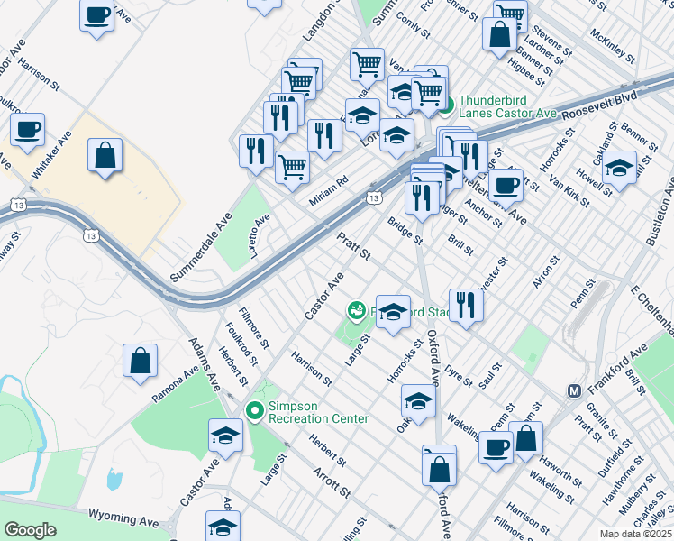 map of restaurants, bars, coffee shops, grocery stores, and more near 5124 Castor Avenue in Philadelphia