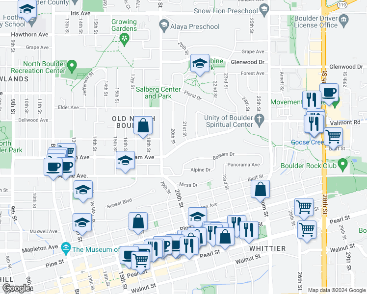 map of restaurants, bars, coffee shops, grocery stores, and more near 2040 Edgewood Drive in Boulder