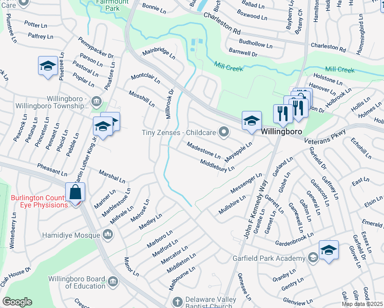 map of restaurants, bars, coffee shops, grocery stores, and more near 37 Middlebury Lane in Willingboro
