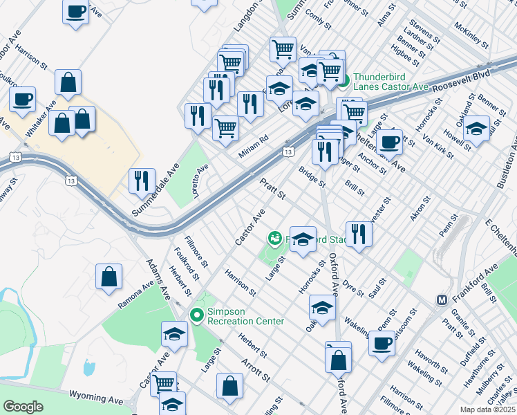map of restaurants, bars, coffee shops, grocery stores, and more near 5124 Castor Avenue in Philadelphia