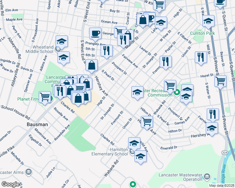map of restaurants, bars, coffee shops, grocery stores, and more near 1037 Saint Joseph Street in Lancaster
