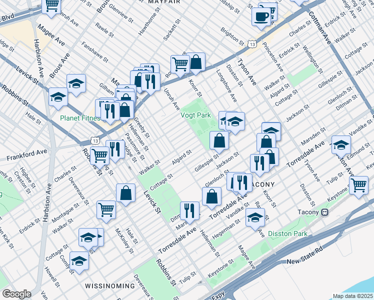 map of restaurants, bars, coffee shops, grocery stores, and more near 6624 Algard Street in Philadelphia