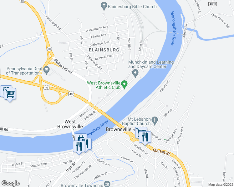 map of restaurants, bars, coffee shops, grocery stores, and more near 340 Middle St in Brownsville