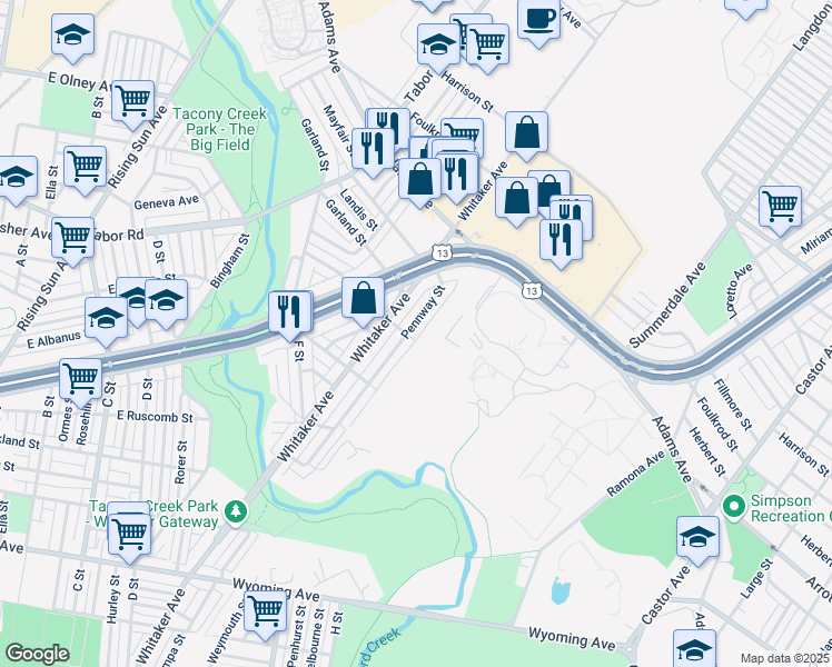 map of restaurants, bars, coffee shops, grocery stores, and more near 5219 Pennway Street in Philadelphia