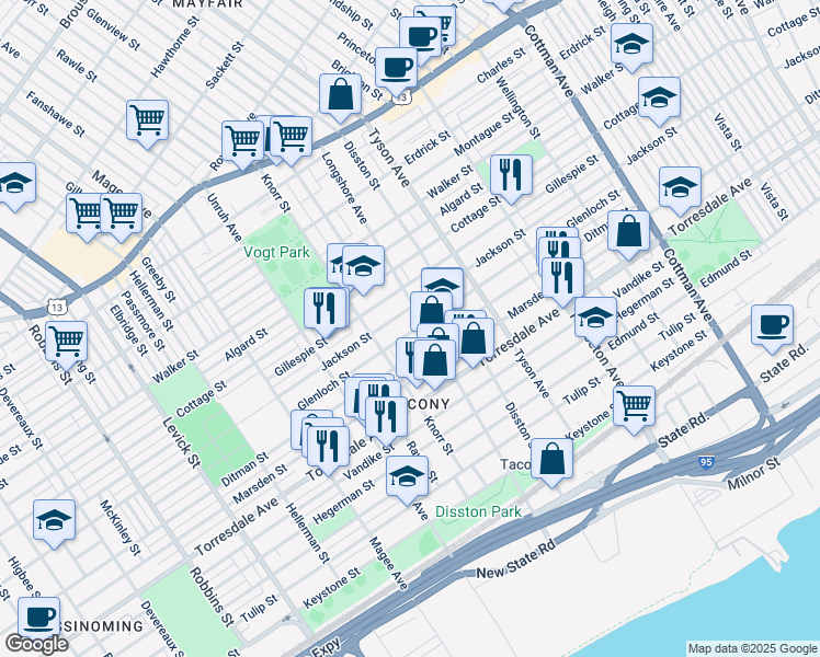 map of restaurants, bars, coffee shops, grocery stores, and more near 6824 Glenloch St in Philadelphia