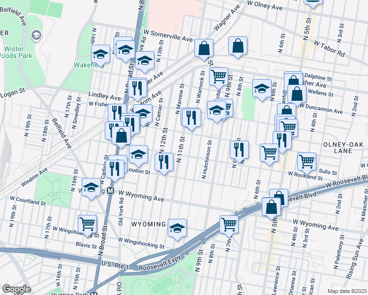 map of restaurants, bars, coffee shops, grocery stores, and more near 4915 North 11th Street in Philadelphia