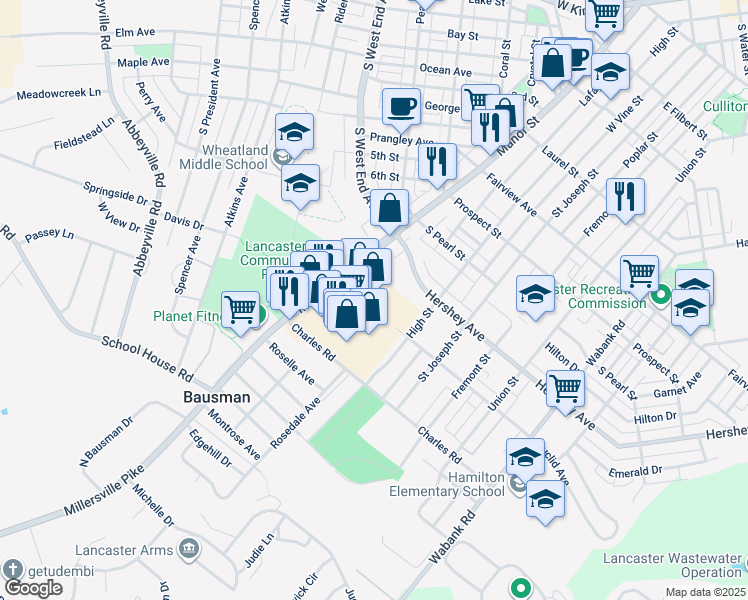 map of restaurants, bars, coffee shops, grocery stores, and more near 1210 Millersville Pike in Lancaster