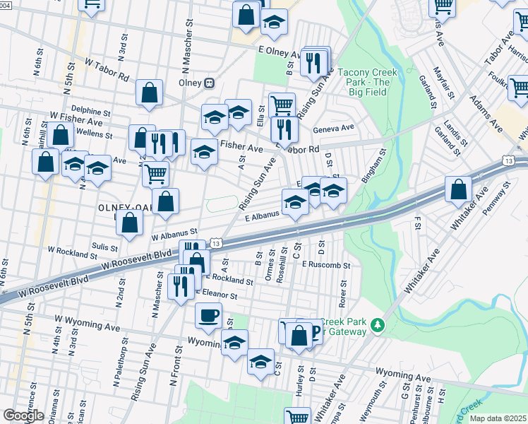 map of restaurants, bars, coffee shops, grocery stores, and more near 301 East Albanus Street in Philadelphia
