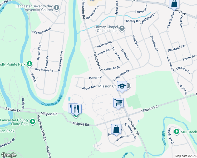 map of restaurants, bars, coffee shops, grocery stores, and more near 1585 Abbas Avenue in Lancaster