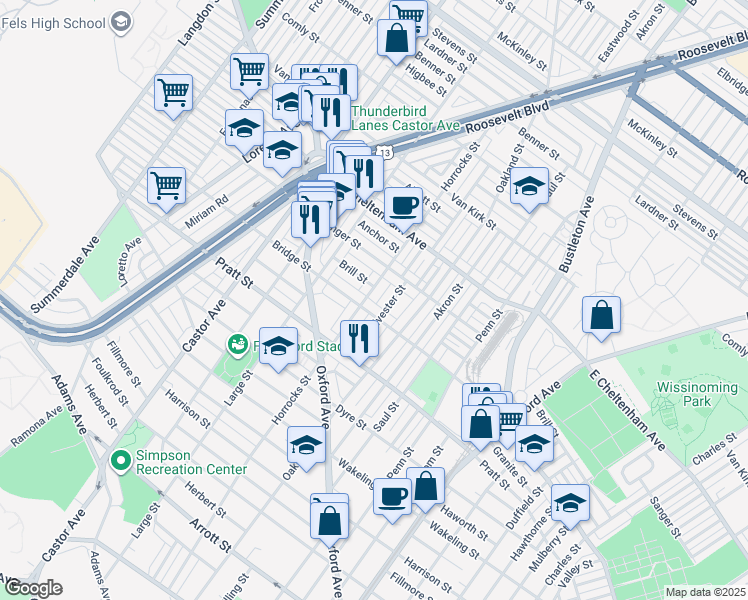 map of restaurants, bars, coffee shops, grocery stores, and more near 5315 Horrocks Street in Philadelphia