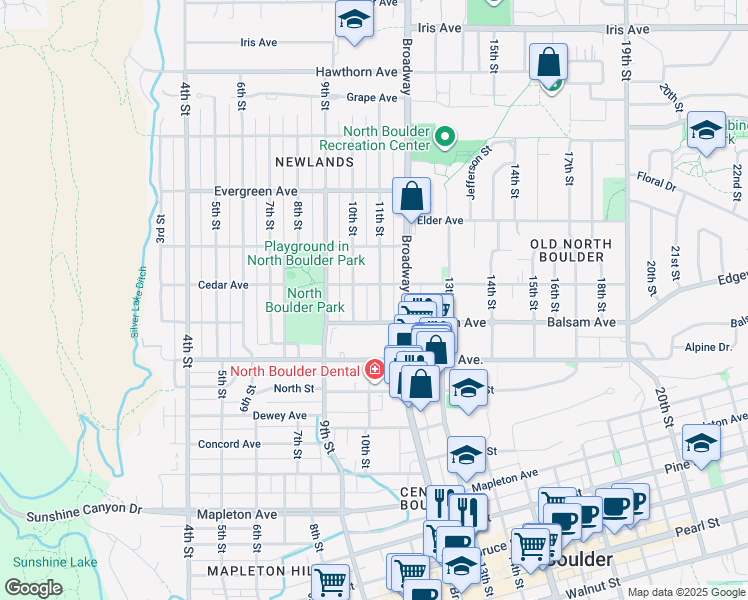 map of restaurants, bars, coffee shops, grocery stores, and more near 2827 11th Street in Boulder
