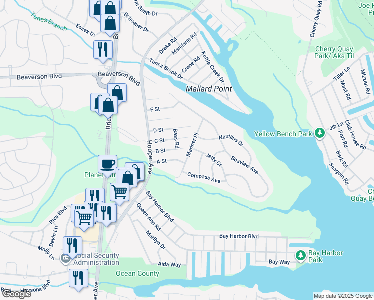 map of restaurants, bars, coffee shops, grocery stores, and more near 32 Mariner Avenue in Brick Township