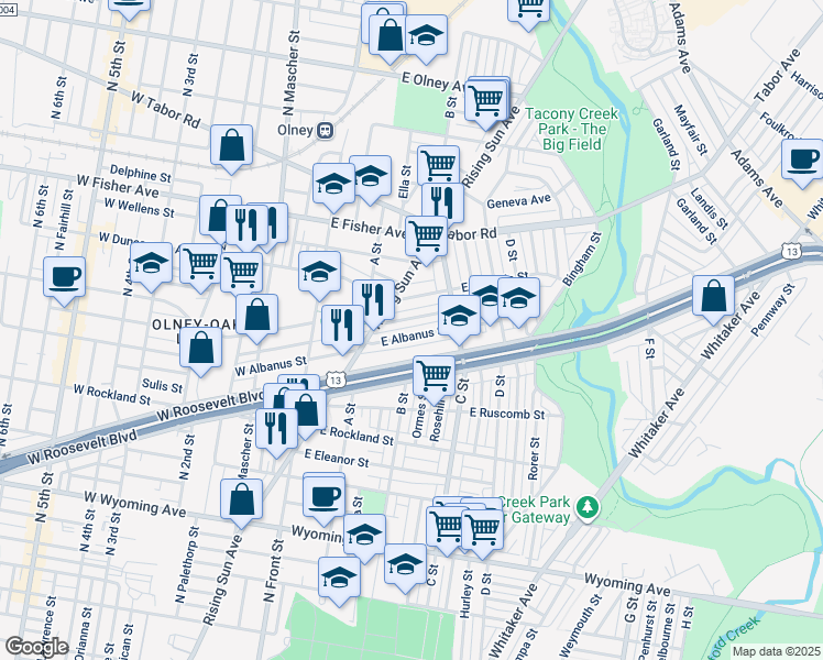 map of restaurants, bars, coffee shops, grocery stores, and more near 301 East Albanus Street in Philadelphia