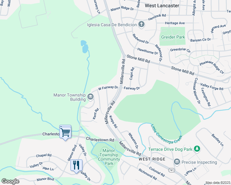 map of restaurants, bars, coffee shops, grocery stores, and more near 700 Kloss Drive in Lancaster
