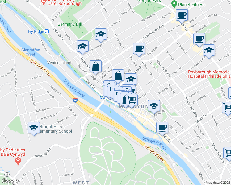 map of restaurants, bars, coffee shops, grocery stores, and more near 4454 Baker Street in Philadelphia
