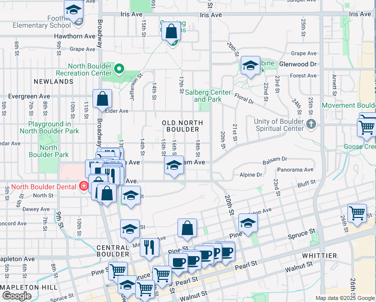 map of restaurants, bars, coffee shops, grocery stores, and more near 2860 17th Street in Boulder