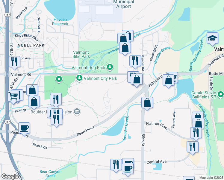 map of restaurants, bars, coffee shops, grocery stores, and more near 5300 Sterling Drive in Boulder