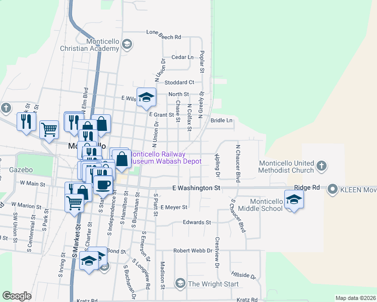 map of restaurants, bars, coffee shops, grocery stores, and more near 820 East Center Street in Monticello
