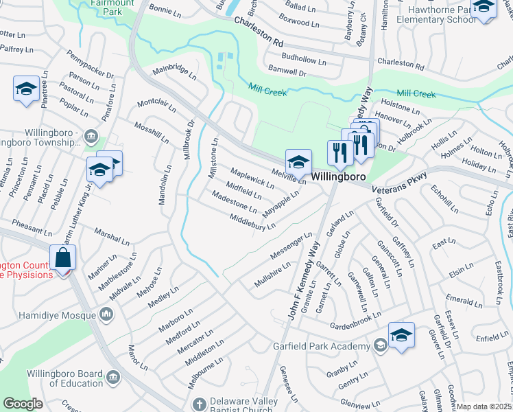 map of restaurants, bars, coffee shops, grocery stores, and more near 47 Madestone Lane in Willingboro