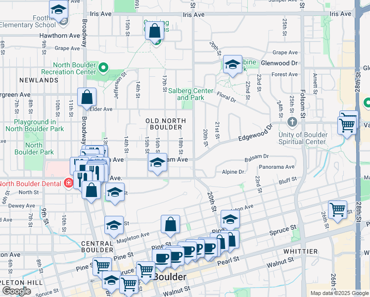 map of restaurants, bars, coffee shops, grocery stores, and more near 2865 19th Street in Boulder