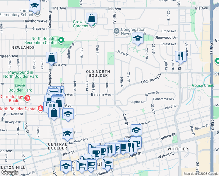 map of restaurants, bars, coffee shops, grocery stores, and more near 2865 19th Street in Boulder
