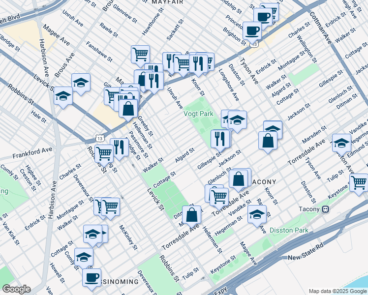 map of restaurants, bars, coffee shops, grocery stores, and more near 6624 Algard Street in Philadelphia