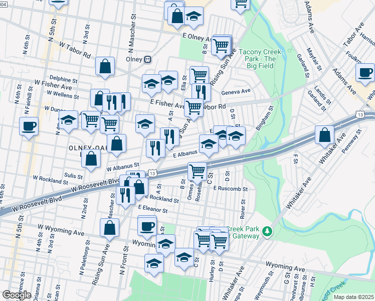 map of restaurants, bars, coffee shops, grocery stores, and more near 303 East Albanus Street in Philadelphia