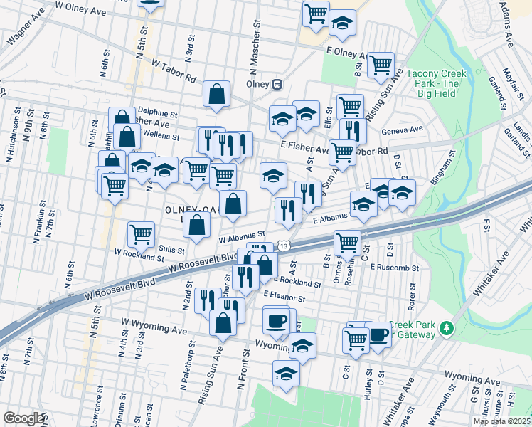 map of restaurants, bars, coffee shops, grocery stores, and more near 5056 North Front Street in Philadelphia