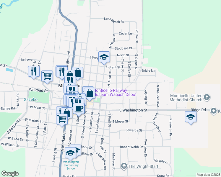 map of restaurants, bars, coffee shops, grocery stores, and more near 604 East Center Street in Monticello