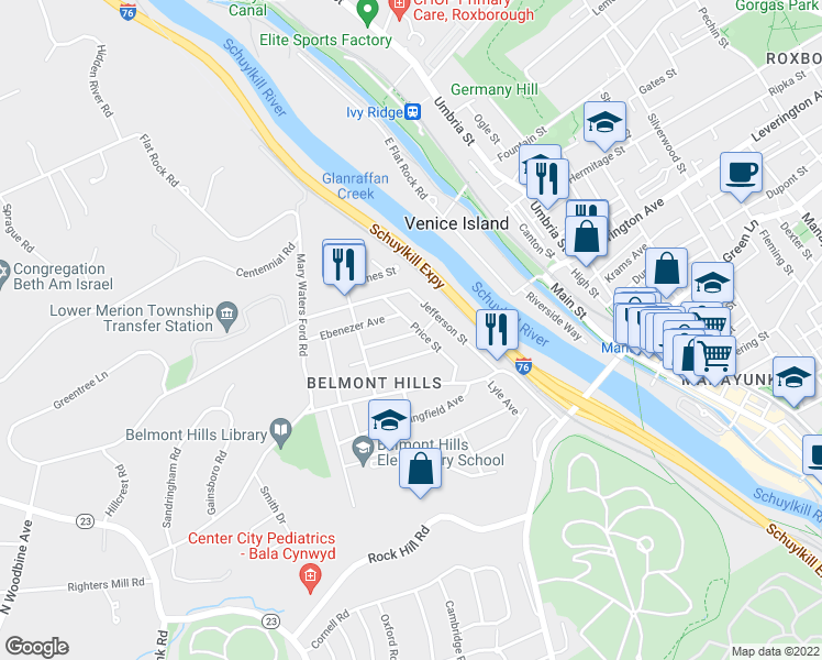 map of restaurants, bars, coffee shops, grocery stores, and more near 101 Rockland Avenue in Bala Cynwyd