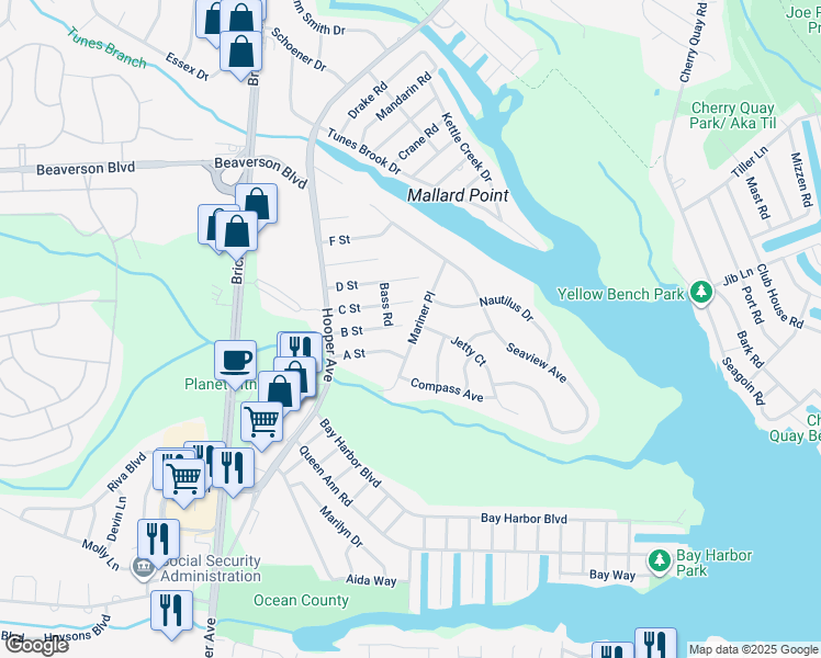 map of restaurants, bars, coffee shops, grocery stores, and more near 32 Mariner Avenue in Brick Township