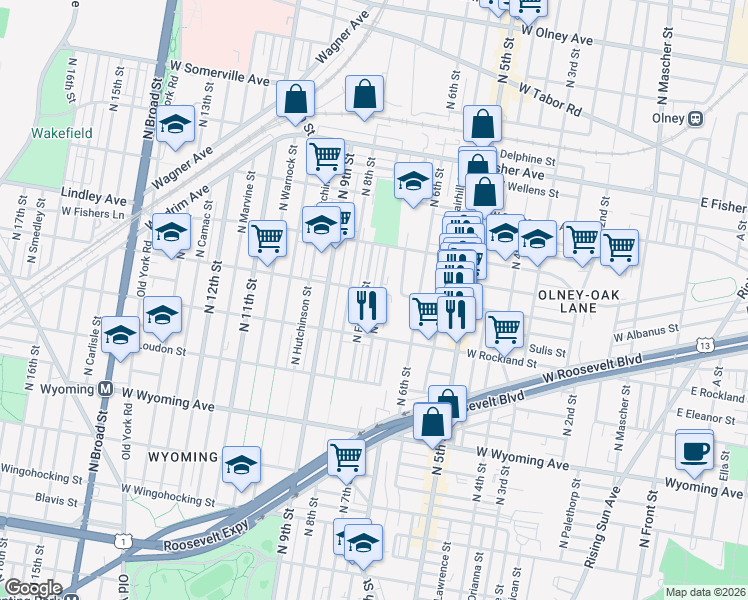 map of restaurants, bars, coffee shops, grocery stores, and more near 4956 North 7th Street in Philadelphia