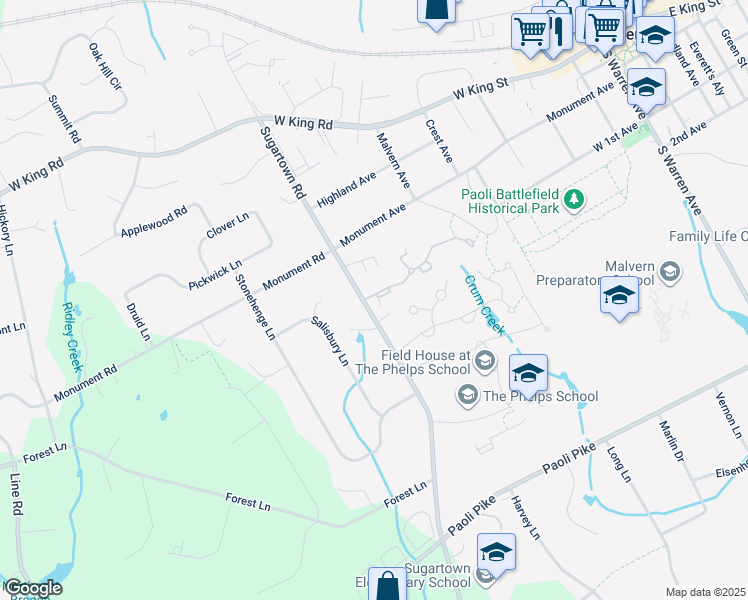 map of restaurants, bars, coffee shops, grocery stores, and more near 144 Carters Grove in Malvern