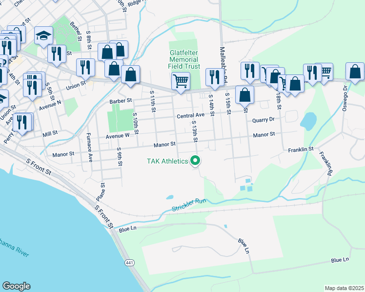 map of restaurants, bars, coffee shops, grocery stores, and more near 1214 Manor Street in Columbia